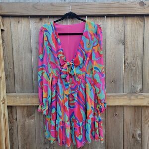 Womens Casual Deep V Neck Knotted Tiered Chiffon Dress